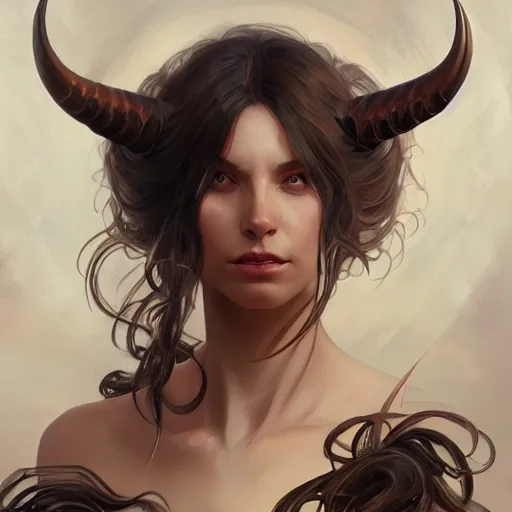 Image similar to portrait of a demon, D&D, fantasy, highly detailed, digital painting, artstation, smooth, sharp focus, illustration, art by artgerm and greg rutkowski and alphonse mucha