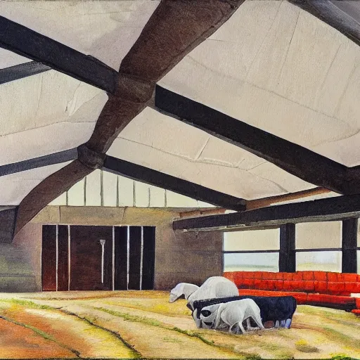 Image similar to interior view of modern futuristic farm barn architecture, cows laying down on sofas and pigs and chickens sitting in lounge chairs, modern interior design, throw pillows, areas rugs, feed troughs, hay, detailed luminescent oil painting 4 k