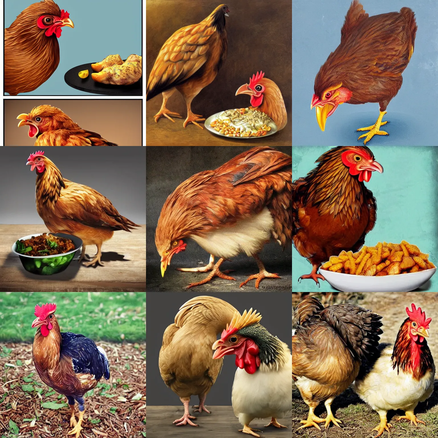 Prompt: hyperealistic chicken eating chicken