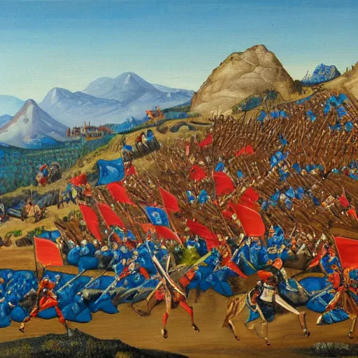 Image similar to wideshot of a medieval battle in front of a beautiful blue mountainscape, painting