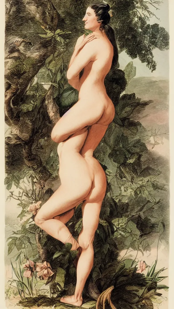 Image similar to an extremely buxom woman, illustration by john james audubon circa 1 8 3 8