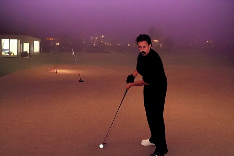 Image similar to tony stark playing mini golf in nevada, fog, mid night, 2000s photo