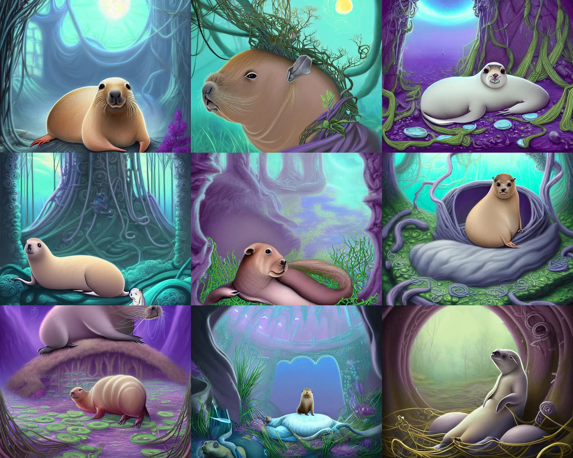 Prompt: beautiful digital fantasy illustration of a Prince in pastel!!!, whimsical acrylic modern pop surrealism, Even Giger-y dark overlords living in the ruins of an ancient system of tunnels and caves like to be comfy every once in a while!, A seal sleeping peacefully in a kelp forest, magic the gathering lands art!!, capybara cowboys, highly detailed, soft lighting, rendered in octane, masterpiece, very very very aesthetic