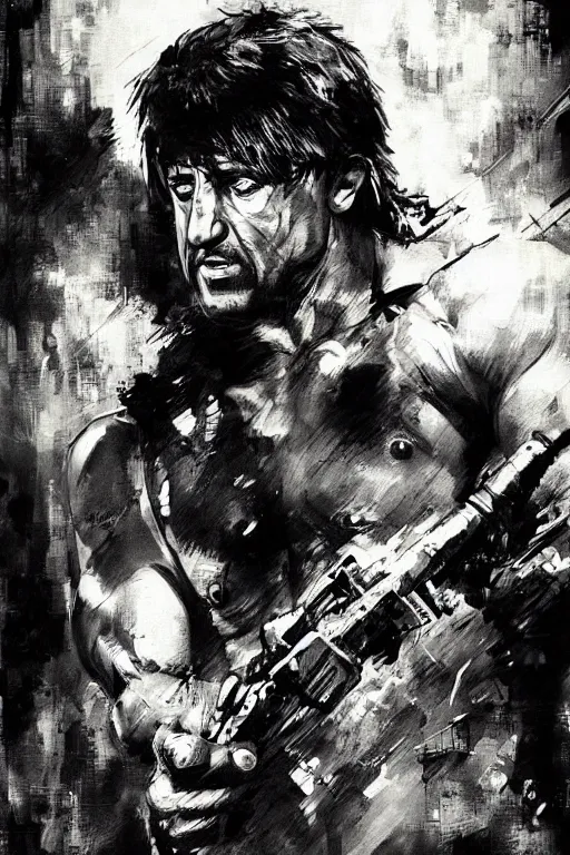 Image similar to a portrait of Stallone as Rambo by Yoji Shinkawa and Ashley Wood