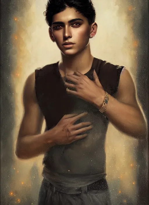 Prompt: a magical portrait of a mexican young male gang member with beautiful brown eyes and short black hair, art by manuel sanjulian and tom bagshaw