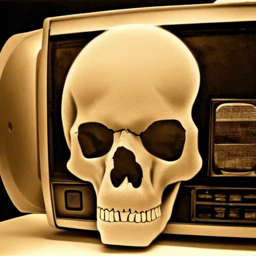 Prompt: skull coming out of an old CRT monitor