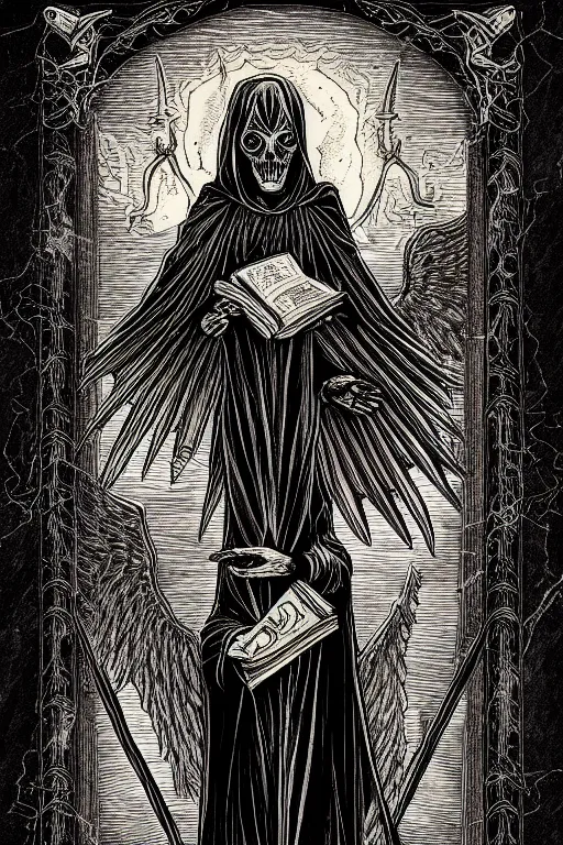 Image similar to dlsr photo of the tarot card illustration of an envoked dark angel holding a book of necronomicon, symmetrical, cinematic, sharp focus, 4 k, ultra hd, sense of awe, sinister demonic atmosphere, dreadful, forbidden knowledge, old gods. demonology journal cover