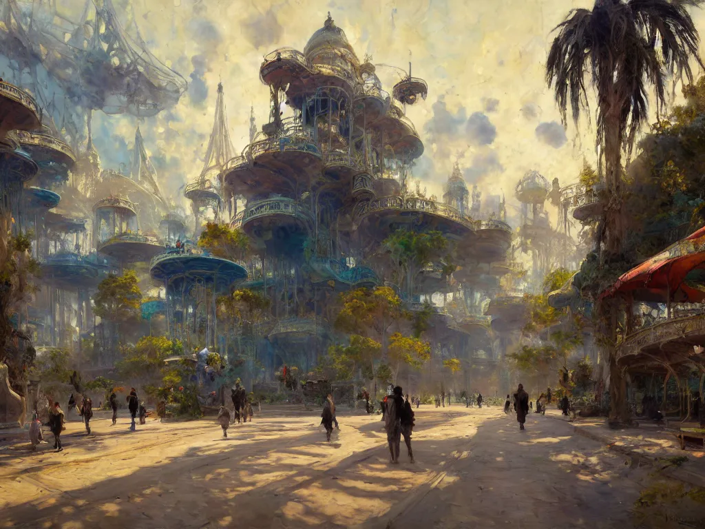 Prompt: impressionist brushstrokes!!!! solomon joseph solomon and richard schmid and jeremy lipking victorian loose genre loose painting of a busy elaborate ornate outdoor sci - fi park, cinematic, shadows, partly cloudy day, 4 k, detailed, by zaha hadid and beeple