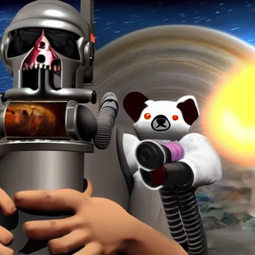 Prompt: t 8 0 0 terminator eating sandwich, hugging a cute puppy while surfing on a saxophone over rings of saturn in space, team fortress 2 sцcreenshot