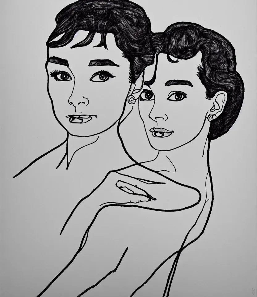 Image similar to elegant line art portrait of audrey hepburn, inspired by egon schiele. contour lines, graphic musicality, twirls, curls, curves, strong confident personality