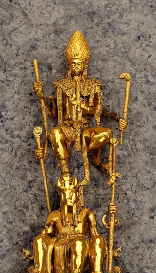 Image similar to the emperor, ram horns sprouting from his head, golden taurus, mars energy, ankh, wisdom, full body shot, sitting on a stone throne