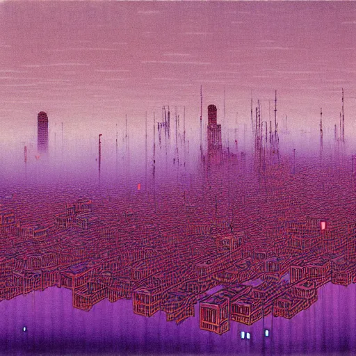 Prompt: purple cyberpunk city, by Beksinski and Hokusai