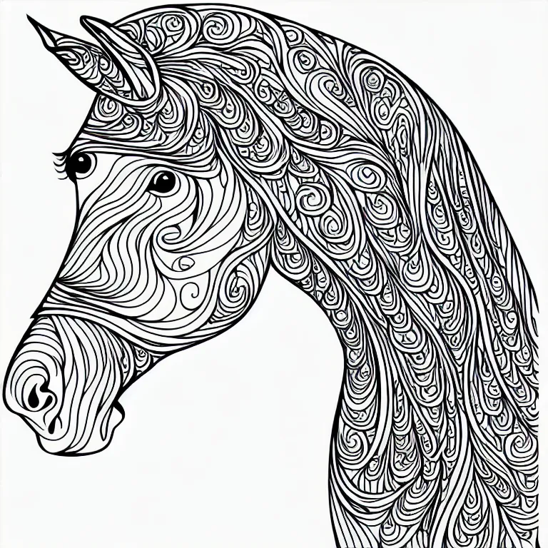 Prompt: beautiful horse, ornamental, fractal, line art, vector, outline, simplified, colouring page