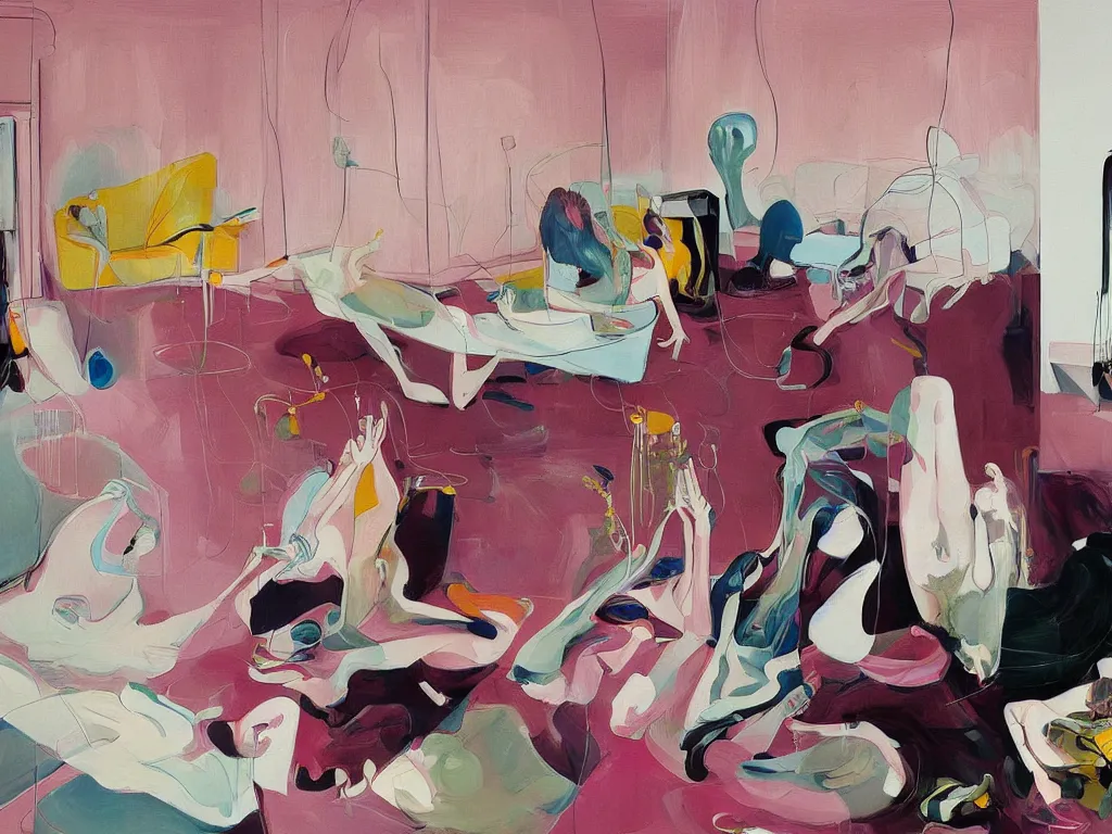 Image similar to One woman start to bounce in a living room of a house, floating dark energy surrounds the middle of the room. There is one living room plant to the side of the room, expressionist painting by francis bacon and martine johanna and moebius