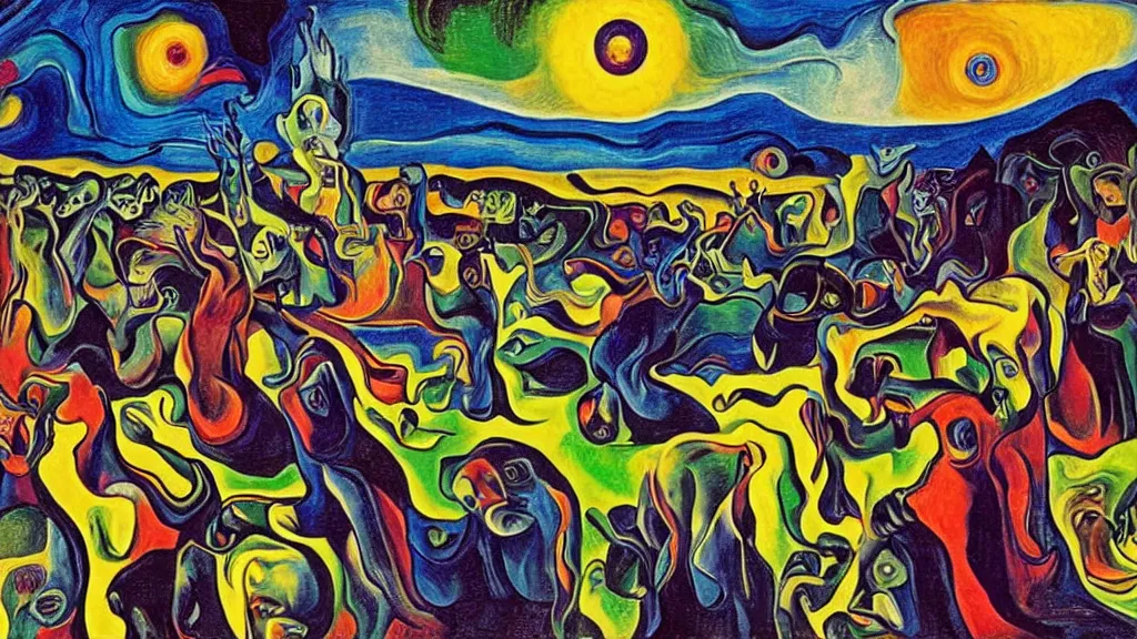 Prompt: unholy gathering, 4K, Futurism & Fauvism, colorized, by collaboration of Salvador Dali, Van Gogh and M. C. Escher