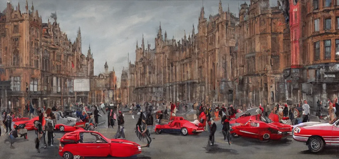 Prompt: A British European City with cars and people roaming inside of the city, certain aspects of the background are lens blurred, splatters of red on the border of the image, some of the people are even painted red, black and white photograph painting, real life, realistic, hyperrealistic, very realistic, photo photograph, photo, photograph, painting, oil painting, ultra realistic, very detailed, extremely detailed, highly detailed, HD Quality, 4k resolution, 8k resolution, trending on artstation, in the style of an Album Cover, cool, epic, nostalgic, intricate details