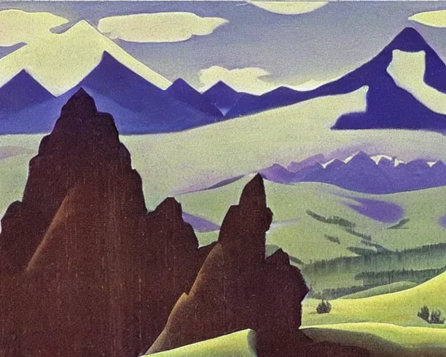 Image similar to ancient godzilla standing in front of altai forest, detailrd painting by roerich