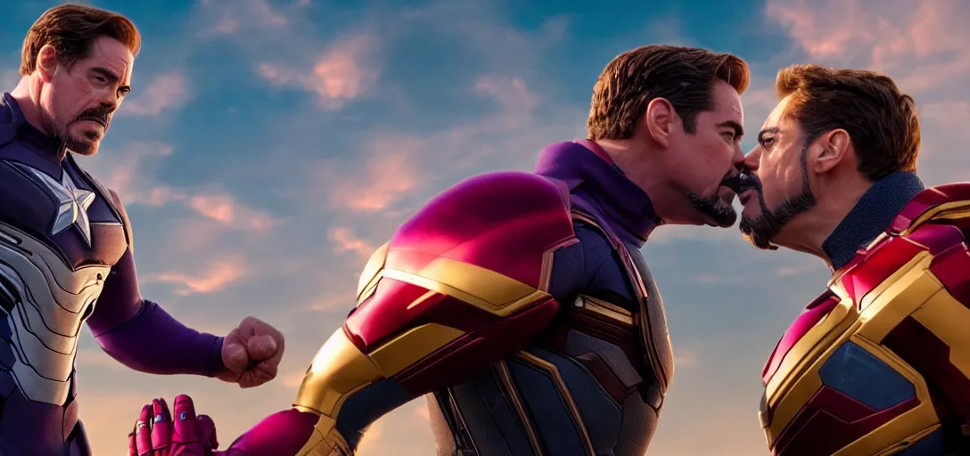 Image similar to a very high resolution image from a new movie. thanos kissing tony stark while capitan america watches on a lake, photorealistic, photography, directed by wes anderson