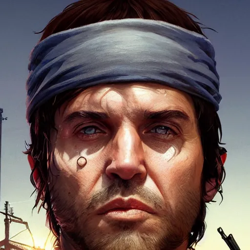 Image similar to highly detailed portrait sylvester stalone is rambo in gta v, stephen bliss, unreal engine, fantasy art by greg rutkowski, loish, rhads, ferdinand knab, makoto shinkai and lois van baarle, ilya kuvshinov, rossdraws, tom bagshaw, global illumination, radiant light, detailed and intricate environment