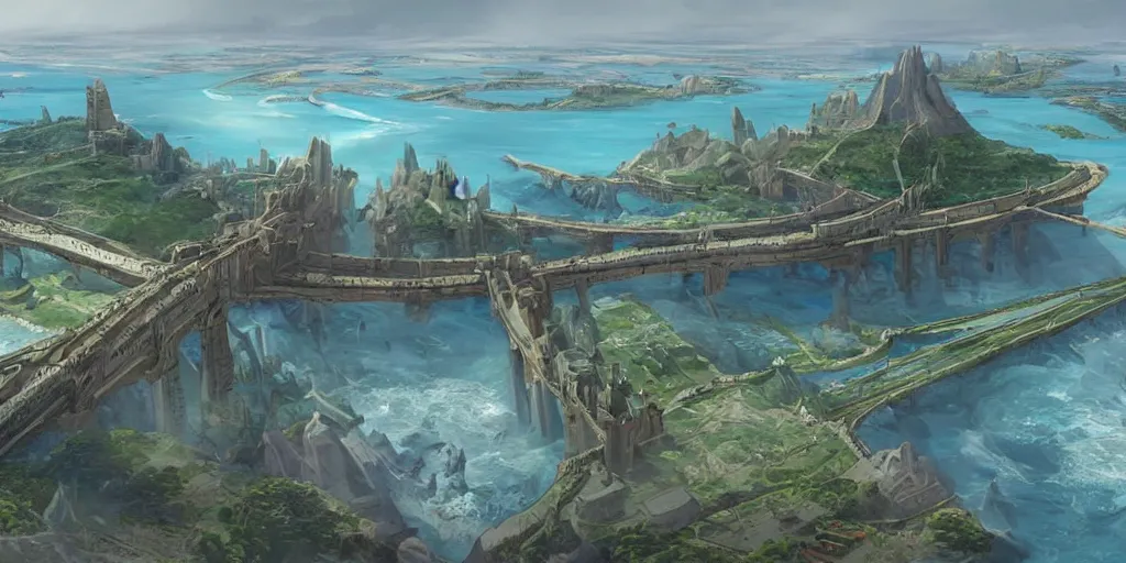 Image similar to illustration, concept illustration, a single giant ancient city on a single bridge, giant continent bridge build over the ocean in a straight line that developed into a grand city, fading into the distance