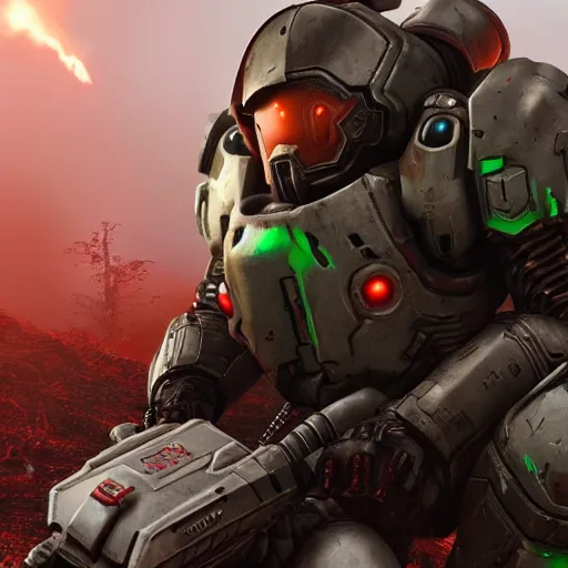 Image similar to doom slayer in power armor, doom eternal and fallout 4 crossover, photography