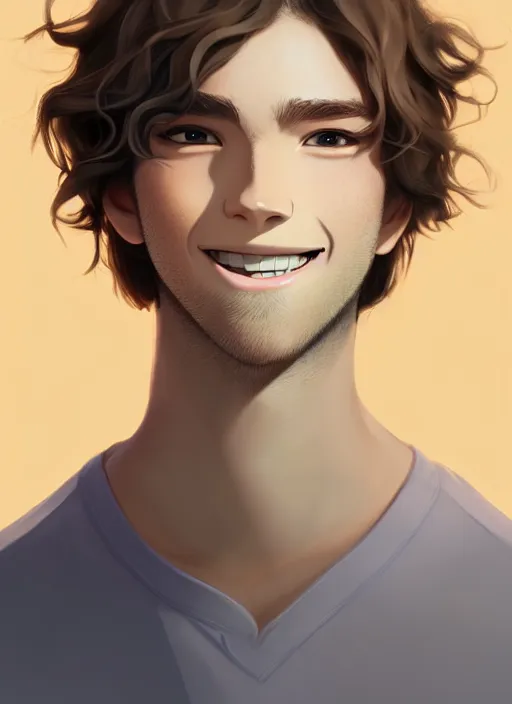 Image similar to young man with medium - length, curly, golden hair, perfectly proportioned face, aquamarine eyes, smile, natural lighting, path traced, highly detailed, high quality, cartoon, digital painting, by new haicheng and studio ghibli