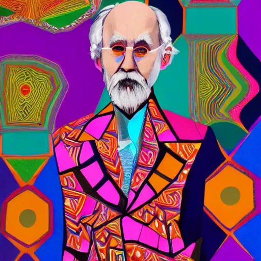 Prompt: portrait of a distinguished old man with formal cothing, kaleidoscopic shapes and colors in the background