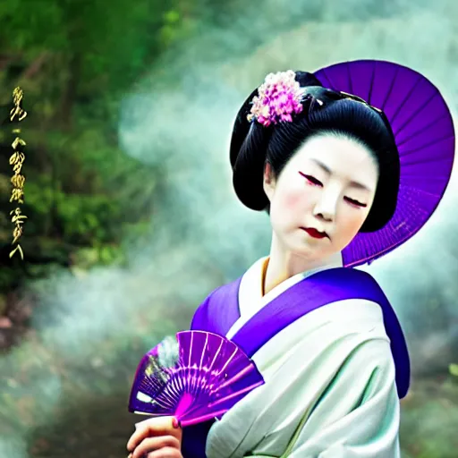 Image similar to Japanese geisha with beautiful violet paper fan, 4k photography, 30 mm lens, cinematic light, warm atmosphere, in style of Kar Wai Wong, cigarette smoke trail