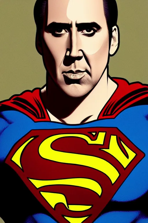 Prompt: nicholas cage as superman, in the style of art by artgerm and greg rutkowski and alphonse mucha