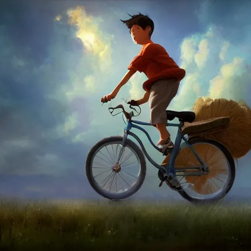 Prompt: A whimsical painting of a boy riding a bicycle flying in the sky through the clouds, painting by Craig Mullins, octane rendering, soft morning lighting, wide angle lens, in the style of Hayao Miyazaki, trending on artstation,