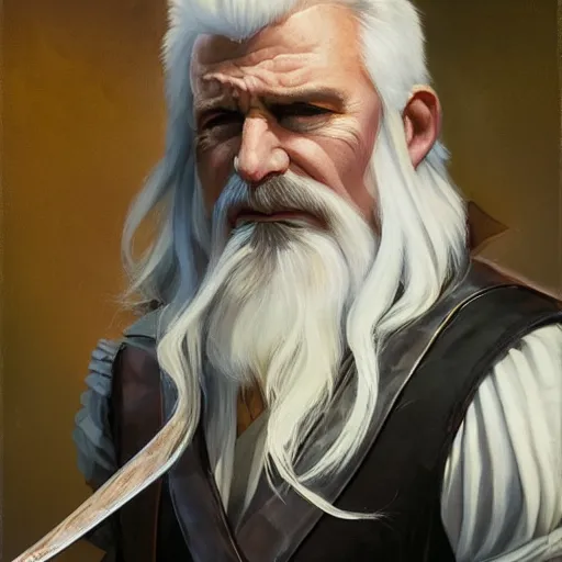 Image similar to beautiful portrait painting of a very short and small male halfing bard with white hair, full beard, extremely irritated, agitated, from pathfinder, evil smirk, narcissist, self centered, casting fireball, painted by larry elmore, wayne reynolds, greg rutkowski, magic the gathering, dungeons and dragons, dishonored 2