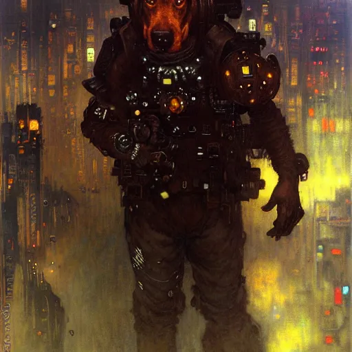 Image similar to portrait german dogman canine neuromancer. spaceship futuristic city. shadowrun cyberpunk fantasy d & d painting by gaston bussiere craig mullins jc leyendecker gustav klimt artgerm greg rutkowski john berkey, bergey, craig mullins, ruan jia, raymond swanland, jeremy mann, beksinski, jack kirby, tom lovell