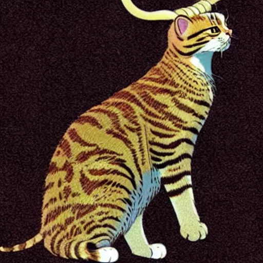 Prompt: domestic shorthaired tabby cat side view with goat horns running “ geoff darrow ” “ katsuhiro otomo ”