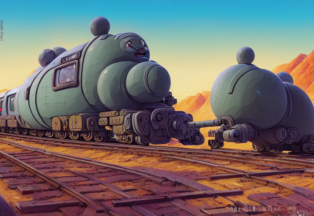 Prompt: chubby futuristic train on a railroad in the desert with a cactus on the right in the forefround, intricate oil painting, high detail illustration, sharp high detail, manga and anime 1 9 9 9, official fanart behance hd artstation by jesper ejsing and makoto shinkai, 4 k,