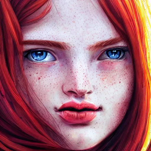 Image similar to portrait of a teen girl with freckles with long red hair and bright brown eyes, 8 k, highly detailed, digital painting, artstation, sharp focus, illustration