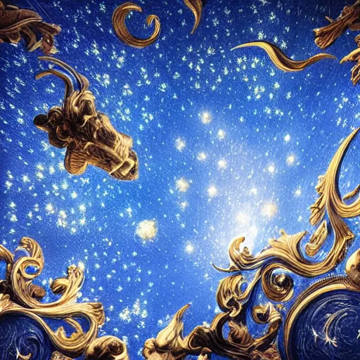 Image similar to sky in a starry night with glowing meteor showers, ascension of a woman decomposing and dissolving into moon, dark - blue black gold beige saturated, ornate baroque rococo art nouveau intricate detail, 3 d specular lighting, cinematic