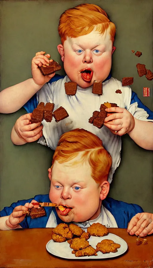 Image similar to painting of a stoned ginger hair chubby boy eating a delicious cholocate chunks cookies, buzz cut, america, norman rockwell