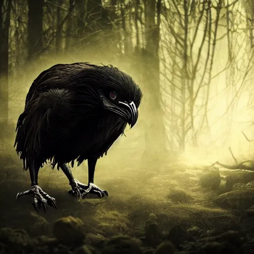 Image similar to werecreature consisting of a crow and a human, featured on artstation, photograph captured in a dark forest