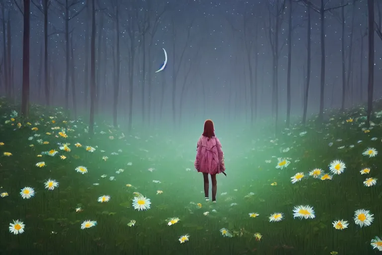 Image similar to giant bunch of daisy flowers head, girl walking in dark forest, surreal photography, dark night, stars, moon light, impressionist painting, clouds, digital painting, artstation, simon stalenhag