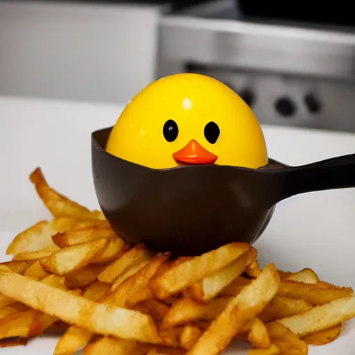 Prompt: an egg in a fry pan looking like a rubber duck