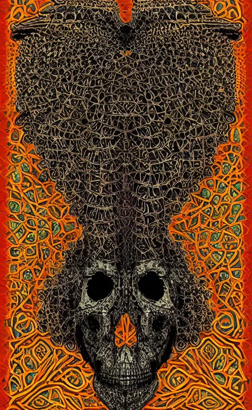 Image similar to intricate skull of a crow, islamic patterns flowing into eachother, voronoi, fibonacci sequence, leaves, by Moebius, hiroshi yoshida, mosque, intricate delicate mathematical patterns, cgsociety, complementary colour scheme, psychedelic, 3d