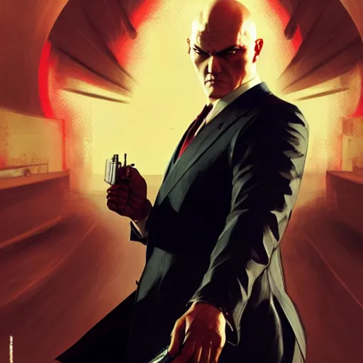 Image similar to Agent 47 in a scene from yakuza, artstation, concept art, smooth, sharp focus, illustration, art by and greg rutkowski and alphonse mucha