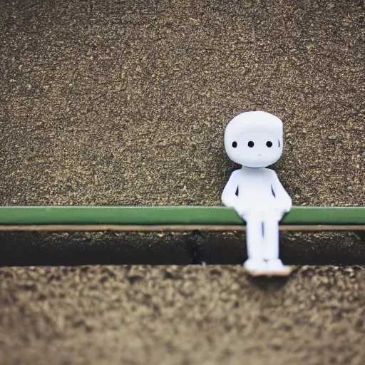 Image similar to macro photography of a tiny plastic depressed man in a suit, sitting on a bench with his cat, 3 5 mm macro shot,