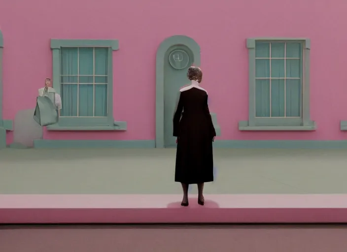 Prompt: cinematic mid shot of a high detail, woman's face looking off camera, with round glasses. fine facial features. she stands in an empty, pastel colourful 3 d minimalist, street scene with water tower, by jeffrey smart and gregory crewdson and edward hopper, inspired by the grand budapest hotel