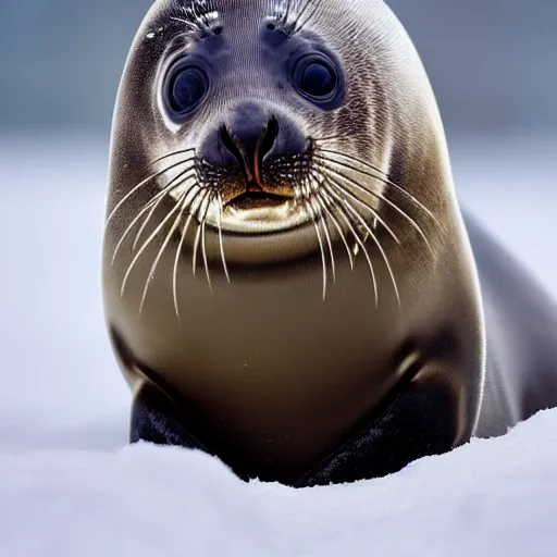 Image similar to Photorealistic photograph of a cute seal pup in snow, photorealism, photorealistic, realism, real, highly detailed, ultra detailed, detailed, cute, emotional, shutter speed 1/1000, 60mm Focal Length, Canon EOS 90D, Wildlife Photographer of the Year, Pulitzer Prize for Photography, 8k