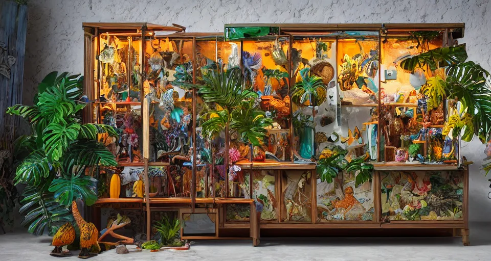 Prompt: A cabinet of wonder with a tropical collection of objects, HD, realistic picture, landscape, artificial, neon white illumination