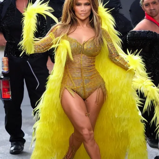 Prompt: full body photo of jennifer lopez, she is wearing a costume of corn on a cob