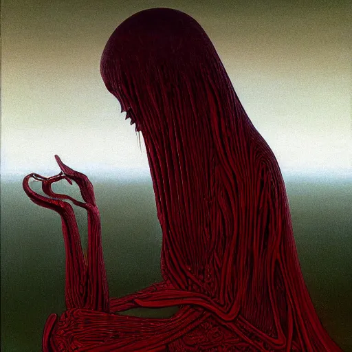 Image similar to tomie by junji ito in the style of zdzisław beksiński and h.r. giger, oil on canvas, intricately detailed artwork, full 8k high quality resolution, recently just found unknown masterpiece, renaissance painting, photorealism, 8k high detail, Sigma 85 mm f 1.4, Studio Light, Studio Ghibli