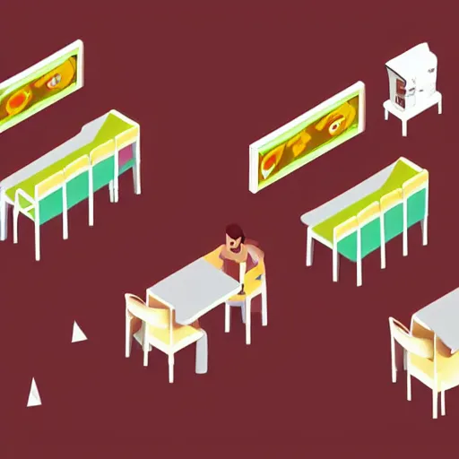 Prompt: isometric cartoon of funky recreational cannabis cafe area, coffee machine, aluminum sheen, people drinking coffee and smoking cannabis, only 2 tables chairs, 4 cannabis pots, by benoit mandelbrot, low poly cute minimal interior design concept art illustrated by anni albers, 2 d game art