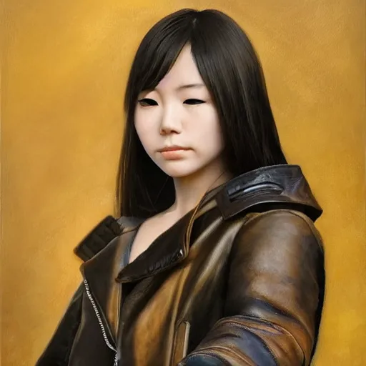 Image similar to perfect, realistic oil painting of close-up japanese young woman wearing leather jacket, in Neverwinter